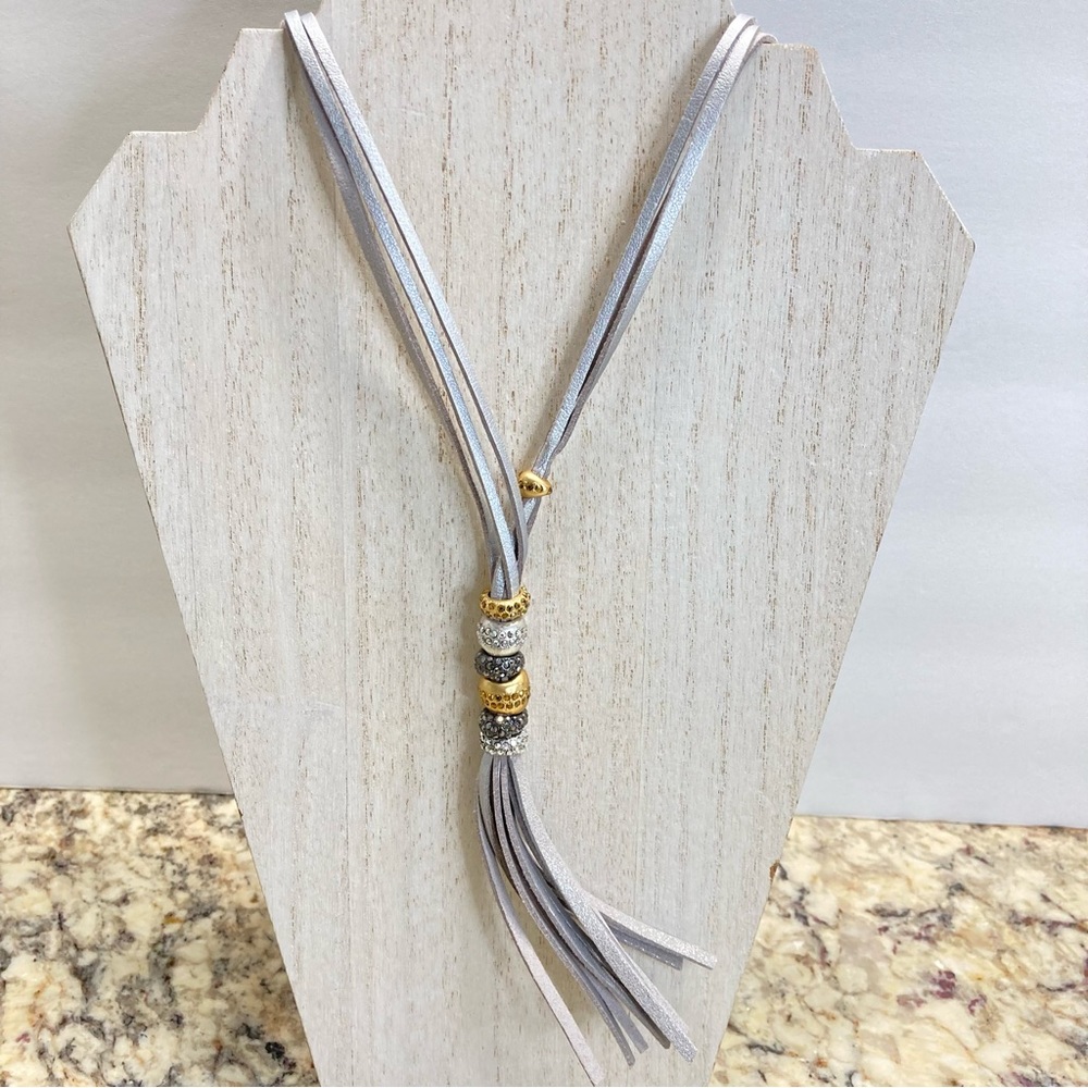 Chicos silver and gold long leather necklace beaded fringe womens necklace